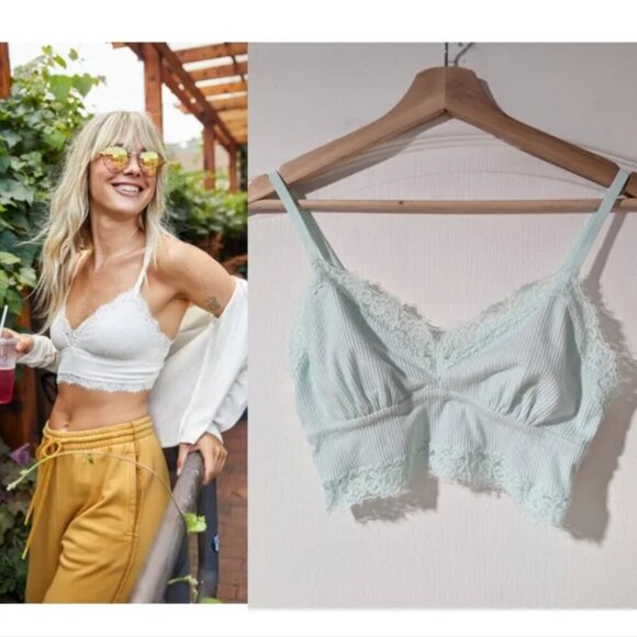 NEW Aerie | Ribbed Eyelash Lace Trim Longline Bralette in Tiffany Blue - Picture 1 of 9